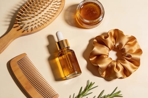 Hair care flatlay with wooden brush argan oil silk scrunchie and rosemary on cream background