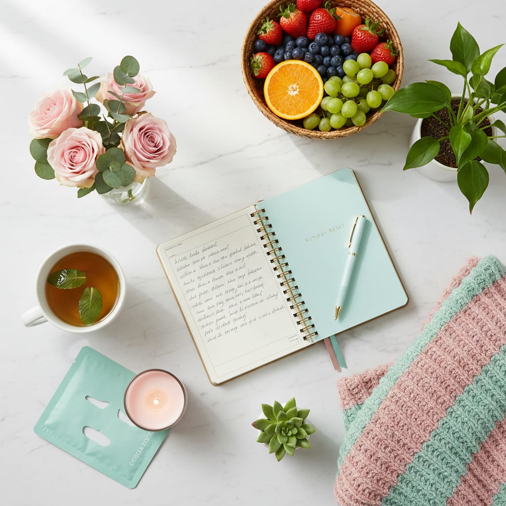 Sunday reset routine flatlay with journal, tea, candle, fresh flowers and planner on marble surface