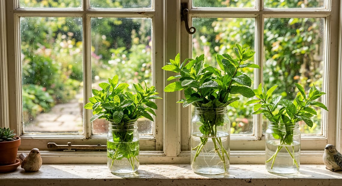 Aesthetic indoor water propagation station with fresh mint stems in clear glass jars on a windowsill