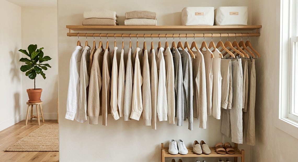 Aesthetic minimalist wardrobe with neutral colored clothing on matching wooden hangers