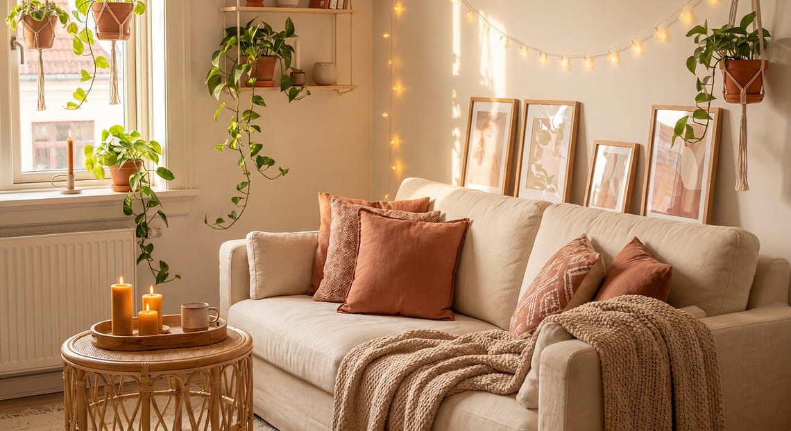 Cozy rental apartment living room with terracotta pillows rattan table and trailing plants