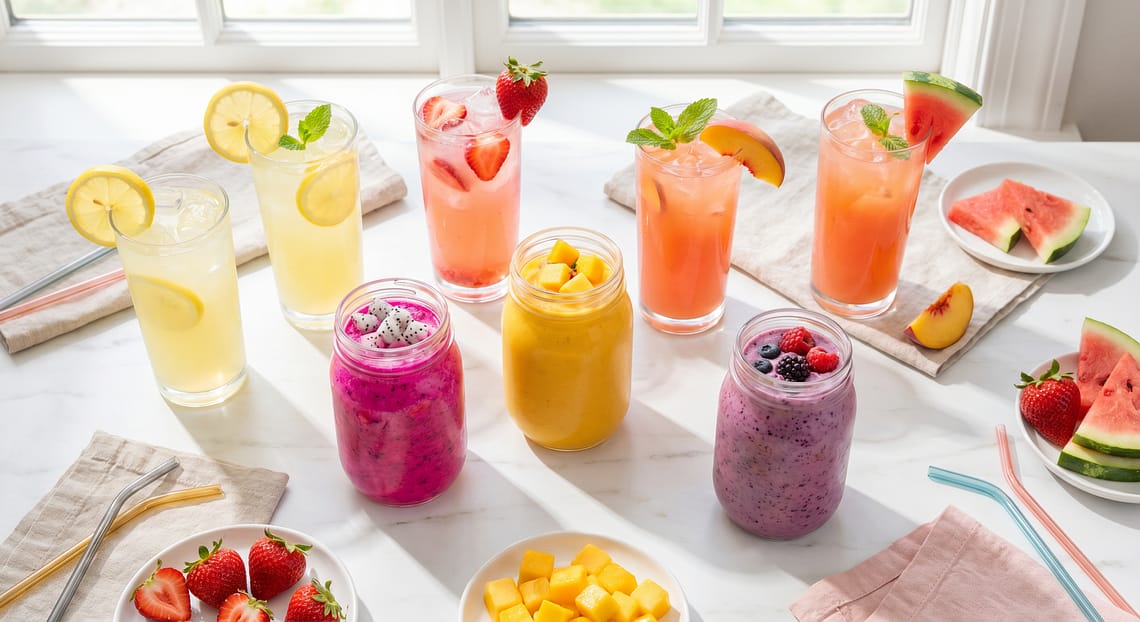 Colorful homemade lemonade and smoothie drinks in glasses and mason jars with fresh fruit garnishes