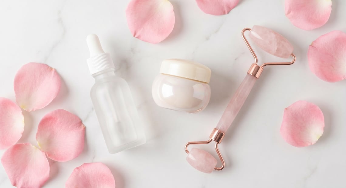 Clean beauty skincare flatlay with glass bottles and rose petals on marble