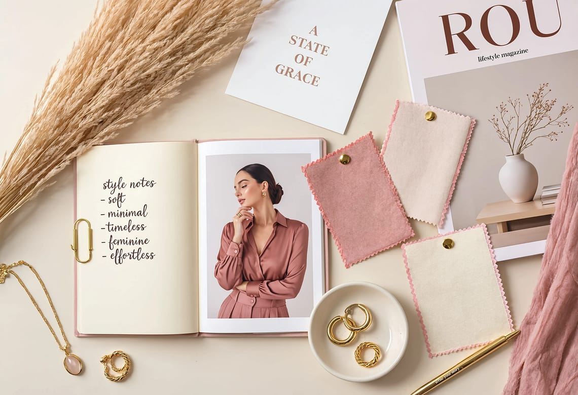 Personal style mood board flatlay with fabric swatches jewelry and notebooks on ivory background