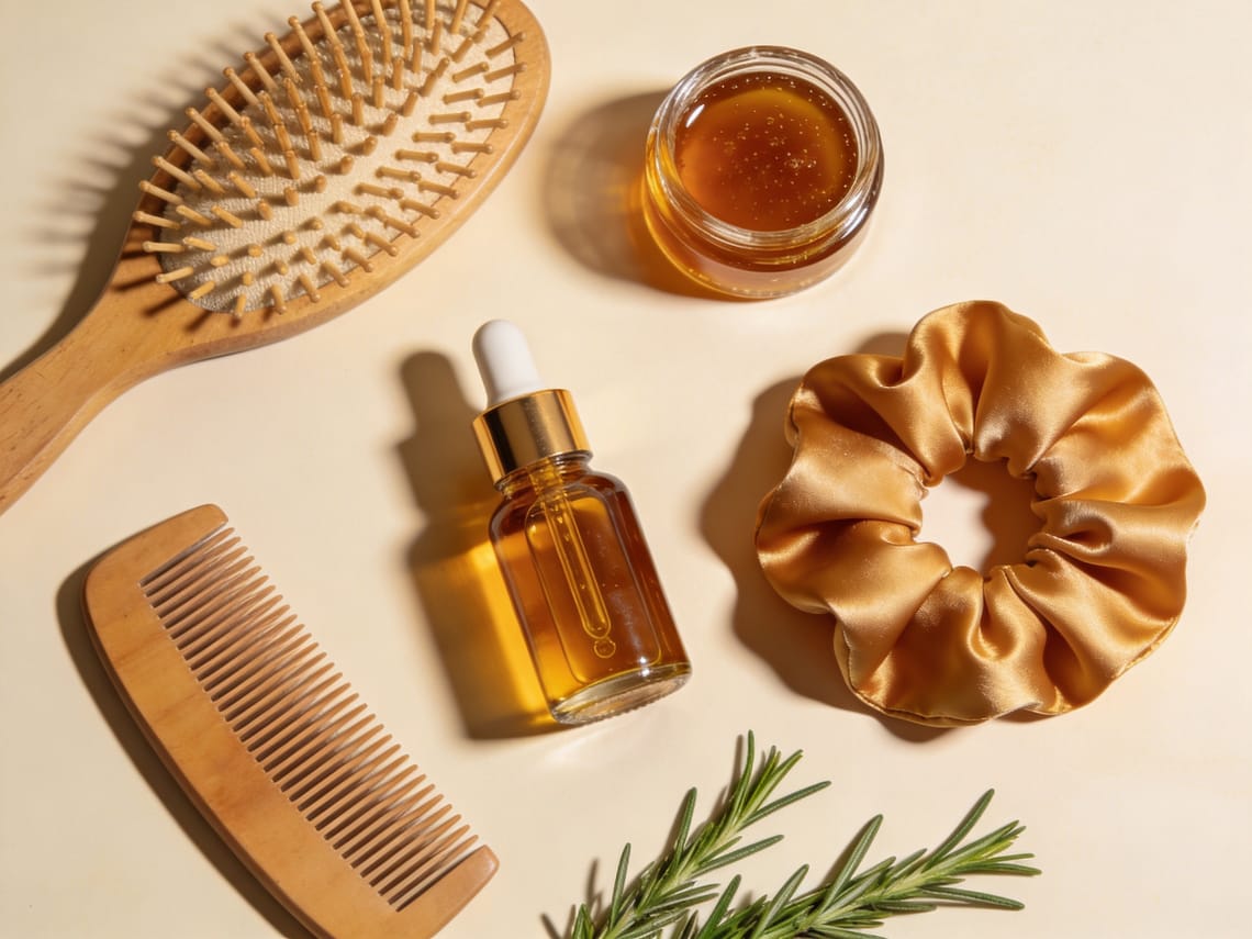 Hair care flatlay with wooden brush argan oil silk scrunchie and rosemary on cream background