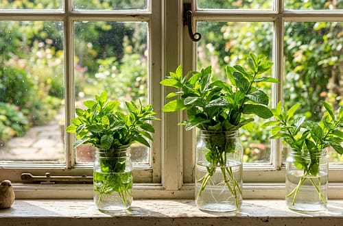 Aesthetic indoor water propagation station with fresh mint stems in clear glass jars on a windowsill