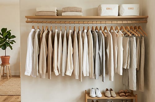 Aesthetic minimalist wardrobe with neutral colored clothing on matching wooden hangers