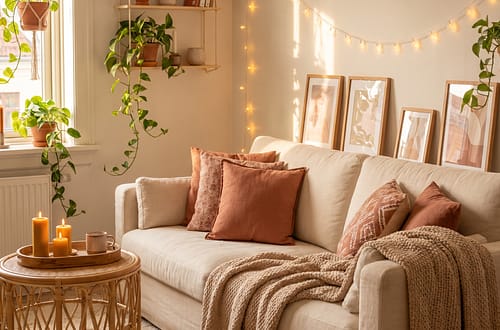 Cozy rental apartment living room with terracotta pillows rattan table and trailing plants