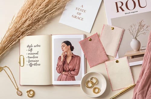 Personal style mood board flatlay with fabric swatches jewelry and notebooks on ivory background