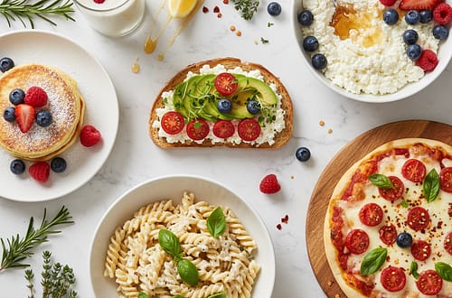 Colorful cottage cheese dishes including toast, pasta, pancakes and bowls arranged on white marble