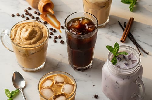 Aesthetic homemade iced coffee drinks in glasses and mason jars with coffee beans and cinnamon garnishes