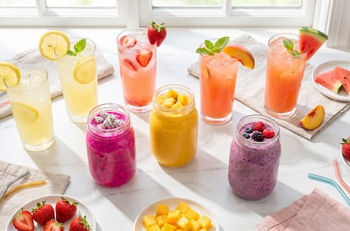 Colorful homemade lemonade and smoothie drinks in glasses and mason jars with fresh fruit garnishes