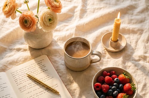 Cozy morning routine flatlay with coffee journal and flowers on cream linen