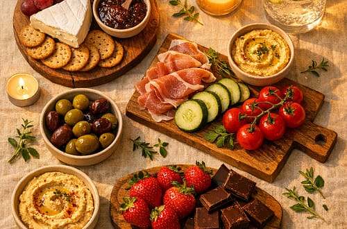 Aesthetic girl dinner spread with cheese, crackers, fruit, hummus and charcuterie on a linen surface
