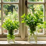 Aesthetic indoor water propagation station with fresh mint stems in clear glass jars on a windowsill