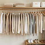 Aesthetic minimalist wardrobe with neutral colored clothing on matching wooden hangers