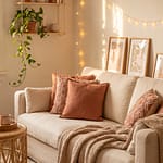 Cozy rental apartment living room with terracotta pillows rattan table and trailing plants