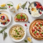 Colorful cottage cheese dishes including toast, pasta, pancakes and bowls arranged on white marble