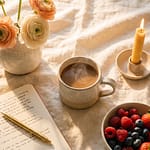 Cozy morning routine flatlay with coffee journal and flowers on cream linen