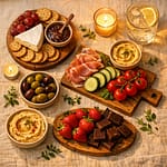 Aesthetic girl dinner spread with cheese, crackers, fruit, hummus and charcuterie on a linen surface